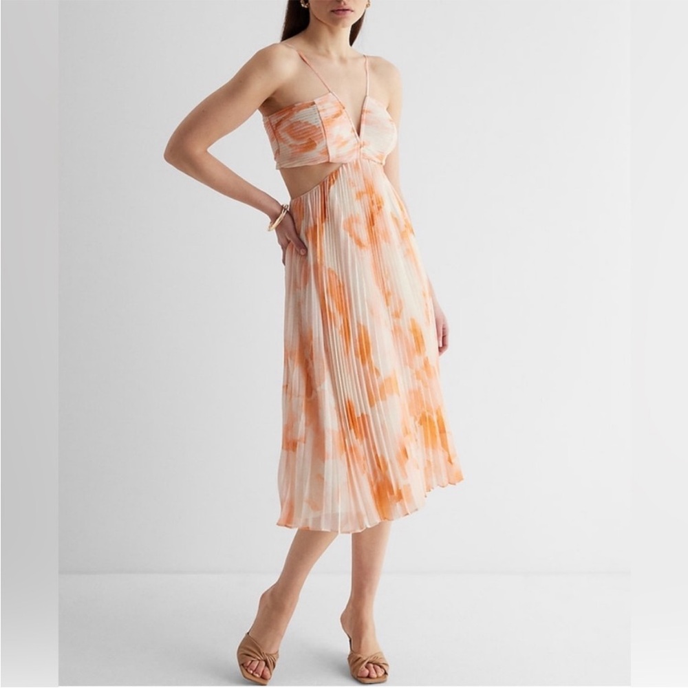 Express Pleated Orange white Watercolor Cutouts Dress